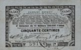 FRENCH EMERGENCY NOTES 50 centimes Pas de Calais, Somme et Nord, Groupement de 70 communes. Billet. série 1B -