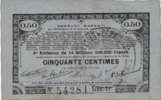 FRENCH EMERGENCY NOTES 50 centimes Pas de Calais, Somme et Nord, Groupement de 70 communes. Billet. série 1P -