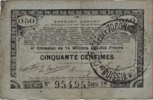FRENCH EMERGENCY NOTES 50 centimes Pas de Calais, Somme et Nord, Groupement de 70 communes. Billet. série 1Q -