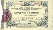 FRENCH EMERGENCY NOTES Aisne et Ardennes - Bon régional, Laon, billet, 50 cmes 19.9.1915, 7e série -