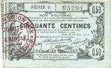 FRENCH EMERGENCY NOTES Aisne, Ardennes et Marne - Bon régional. Laon. Billet. 50 cmes 16.6.1916, série 9 -