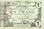 FRENCH EMERGENCY NOTES 1 franc Aisne, Ardennes et Marne - Bon régional. Laon. Billet. 16.6.1916, série 14 -