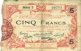 FRENCH EMERGENCY NOTES 5 francs Aisne, Ardennes et Marne - Bon régional. Laon. Billet. 16.6.1916, série 2 -