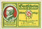 GERMANY - EMERGENCY NOTES (1914-1923) A - J 25 pf Bismark. Stadt. Billet. 18.3.1921, numérotation à 3 chiffres -