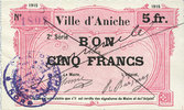 FRENCH EMERGENCY NOTES 5 francs Aniche (59). Ville. Billet. 1915, 2e série -