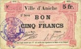FRENCH EMERGENCY NOTES 5 francs Aniche (59). Ville. Billet. 1915, 2e série -