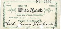 GERMANY - EMERGENCY NOTES (1914-1923) A - J 1 mark Blumenthal. Bremer Wollkämmerei. Billet. 10.11.1918, annulation par perforation -