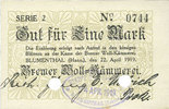 GERMANY - EMERGENCY NOTES (1914-1923) A - J 1 mark Blumenthal. Bremer Wollkämmerei. Billet. 22.4.1919, annulation par perforation -