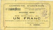 FRENCH EMERGENCY NOTES 1 franc Artemps (02). Commune. Billet. 2.12.1915, 2e série -