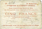 FRENCH EMERGENCY NOTES 5 francs Aubigny-au-Bac (59). Commune. Billet. -