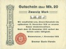 GERMANY - EMERGENCY NOTES (1914-1923) A - J 20 mark Bremerhaven. Bremer Bank-Verein. Billet. 1.11.1918, annulation par perforation -