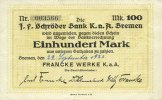 GERMANY - EMERGENCY NOTES (1914-1923) A - J 100 mark Bremen. Franke Werke K. a. A., Billet. -