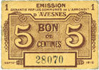 FRENCH EMERGENCY NOTES Avesnes (59). Emission Garantie par les Communes de l'Arrondissement. Billet. 5 cmes sept -