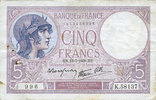 NOTES OF THE BANQUE DE FRANCE 5 francs Banque de France. Billet. violet, 13.7.1939, modifié -