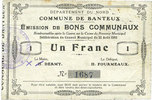 FRENCH EMERGENCY NOTES 1 franc Banteux (59). Commune. Billet. -