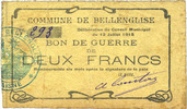 FRENCH EMERGENCY NOTES 2 francs Bellenglise (02). Commune. Billet. Bon de guerre. -