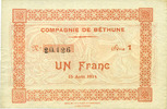 FRENCH EMERGENCY NOTES 1 franc Grenay (62). Compagnie de Béthune. Billet. 15.8.1914, série 1 -