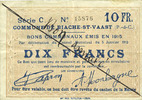FRENCH EMERGENCY NOTES 10 francs Biache-Saint-Waast (62). Commune. Billet. 5.1.1915, série C, annulation manuelle -