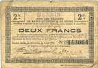 FRENCH EMERGENCY NOTES 2 francs Bohain (02). Ville. Billet. S.Q.G. -