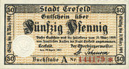 GERMANY - EMERGENCY NOTES (1914-1923) A - J 50 pf Crefeld. Stadt. Billet. 19.4.1917, série A -