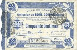 FRENCH EMERGENCY NOTES Cambrai (59). Ville. Billet. 50 cmes 30.10.1914, 2e série, numérotation en noir -