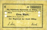 GERMANY - EMERGENCY NOTES (1914-1923) A - J 1 mark Elbing (Elblag, Pologne). Städtische Sparkasse. Billet. 5.8.1914, annulation par perforations -