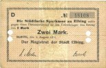 GERMANY - EMERGENCY NOTES (1914-1923) A - J 2 mark Elbing (Elblag, Pologne). Städtische Sparkasse. Billet. 5.8.1914, annulation par perforations -
