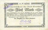 GERMANY - EMERGENCY NOTES (1914-1923) A - J 5 mark Elmshorn. Stadt. Billet. 7.11.1918, signature : Ahsbahs, cachet Ungültig -