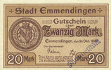GERMANY - EMERGENCY NOTES (1914-1923) A - J 20 mark Emmendingen. Stadt. Billet. 30.10.1918, original -