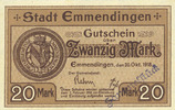 GERMANY - EMERGENCY NOTES (1914-1923) A - J 20 mark Emmendingen. Stadt. Billet. 30.10.1918, original, N° 165 ! -