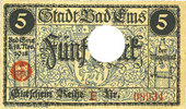GERMANY - EMERGENCY NOTES (1914-1923) A - J 5 mark Ems, Bad. Stadt. Billet. série (Reihe) E 18.11.1918, annulation par perforation -