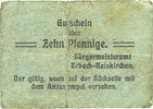 GERMANY - EMERGENCY NOTES (1914-1923) A - J 10 pfennig Erbach-Reiskirchen. Gemeinde. Billet. au dos, numérotation manuscrite en noir... -