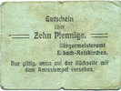 GERMANY - EMERGENCY NOTES (1914-1923) A - J 10 pfennig Erbach-Reiskirchen. Gemeinde. Billet. au dos, numérotation manuscrite en noir... -