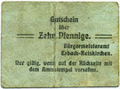 GERMANY - EMERGENCY NOTES (1914-1923) A - J 10 pfennig Erbach-Reiskirchen. Gemeinde. Billet. au dos, numérotation manuscrite en rouge -