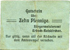 GERMANY - EMERGENCY NOTES (1914-1923) A - J 10 pfennig Erbach-Reiskirchen. Gemeinde. Billet. au dos, numérotation manuscrite en noir... -