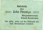 GERMANY - EMERGENCY NOTES (1914-1923) A - J 10 pfennig Erbach-Reiskirchen. Gemeinde. Billet. au dos, numérotation manuscrite en rouge -