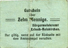 GERMANY - EMERGENCY NOTES (1914-1923) A - J 10 pfennig Erbach-Reiskirchen. Gemeinde. Billet. au dos, numérotation manuscrite en rouge -