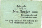 GERMANY - EMERGENCY NOTES (1914-1923) A - J 10 pfennig Erbach-Reiskirchen. Gemeinde. Billet. au dos, numérotation manuscrite en rouge -