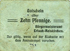 GERMANY - EMERGENCY NOTES (1914-1923) A - J 10 pfennig Erbach-Reiskirchen. Gemeinde. Billet. au dos, numérotation manuscrite en rouge -