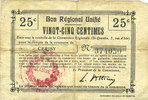 FRENCH EMERGENCY NOTES Cerisy (02). Mairie. Billet. B.R.U., 25 cmes -
