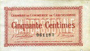 FRENCH EMERGENCY NOTES Carcassonne (11). Chambre de Commerce. Billet. 50 cmes -