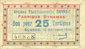 FRENCH EMERGENCY NOTES Cluses (74). Anciens Etablissements Rannaz. Billet. 25 cmes -