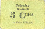 FRENCH EMERGENCY NOTES 5 centimes Colonfay (02). Commune. Billet. -
