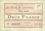 FRENCH EMERGENCY NOTES 2 francs Courrières (62). Compagnie des Mines. Billet. du 1.3.1915, série Ba -