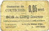 FRENCH EMERGENCY NOTES 5 centimes Coutiches (59). Commune. Billet. -