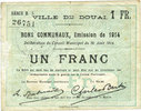 FRENCH EMERGENCY NOTES 1 franc Douai (59). Ville. Billet. 30.8.1914, série B5 -
