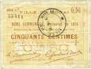FRENCH EMERGENCY NOTES 50 centimes Douai (59). Ville. Billet. 30.8.1914, série A3 -