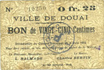 FRENCH EMERGENCY NOTES 25 centimes Douai (59). Ville. Billet. -