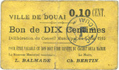 FRENCH EMERGENCY NOTES 10 centimes Douai (59). Ville. Billet. 6.5.1915, papier jaune foncé -
