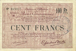 FRENCH EMERGENCY NOTES 100 francs Douai et Région de Carvin (59). Billet. 22.5.1916, 6e série H -